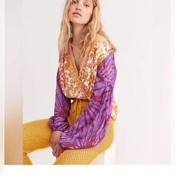 Free People Cruisin Together multi Print yellow and purple blouse size XS - Picture 2 of 12